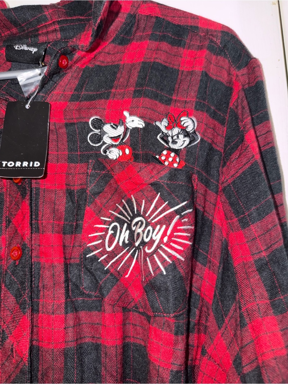 Torrid Red & Black Plaid Button-Down with Mickey & Minnie Embroidery